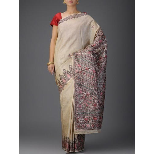 Plain Gray Festive Wear Skin Friendly Ladies Handloom Hand Painted Tussar Silk Saree