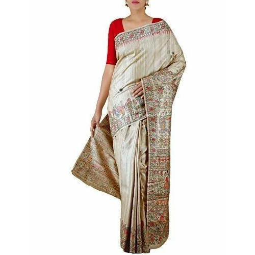 Winter Off White Festive Wear Skin Friendly Ladies Handloom Plain Madhubani Silk Saree