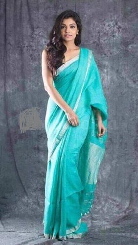 Spring Sky Blue Party Wear Skin Friendly Ladies Handloom Trendy Plain Linen Saree