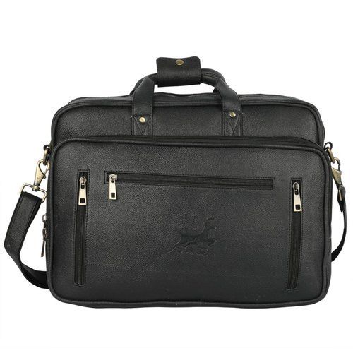 Plain Design, Black And Very Spacious Leather Office Bag With Three Compartments For Mens