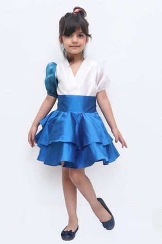 1-6 Years Kids Girls White/Blue Ruffled Soft Satin Western Party Wear Mini Frock