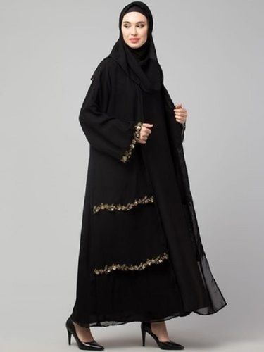 Black Party Wear Ladies Full Sleeves Cut Dana Work Georgette Abaya With Hijab