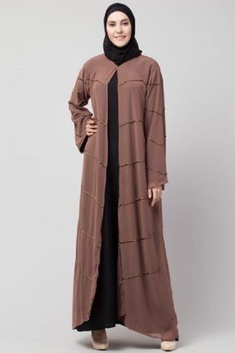 Brown And Black Regular Fit Party Wear Ladies Full Sleeves Plain Georgette Abaya With Hijab