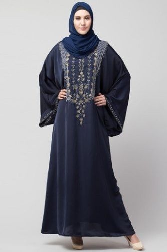 Denim Blue Party Wear Ladies Full Sleeves Hand Embroidered Satin Mosq Abaya With Hijab