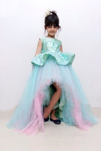 Sea Green And Pink Kids Girls Cinderella Waterfall Party Wear Net Fabric Dress Age Group: 5-10 Years