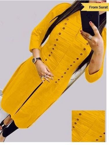 Yellow Ladies 3/4 Sleeves Cotton Slub Solid Kurti With 22 Wooden Button And Pocket