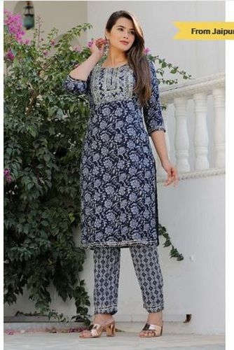 Breathable Ladies Blue Round Neck 3/4 Sleeves Party Wear Cotton Embroidered Kurta And Pant Set