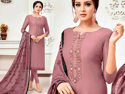 Purple Ladies Plain Cotton Churidar Suit With Dupatta 3/4Th Sleeves