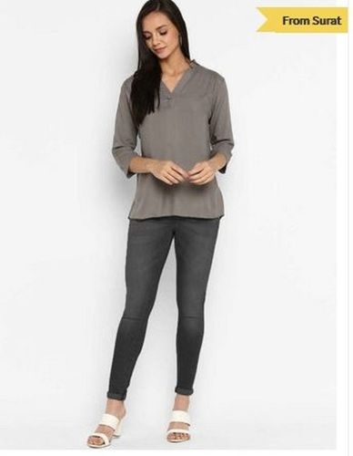 Summer Ladies Western Wear 3/4 Sleeves V Neck Plain Dyed Rayon Grey Formal Top