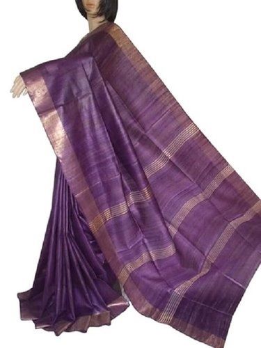 Printed Purple Wedding Wear Skin Friendly Ladies Plain Pure Ghicha Tussar Silk Saree With Blouse Piece