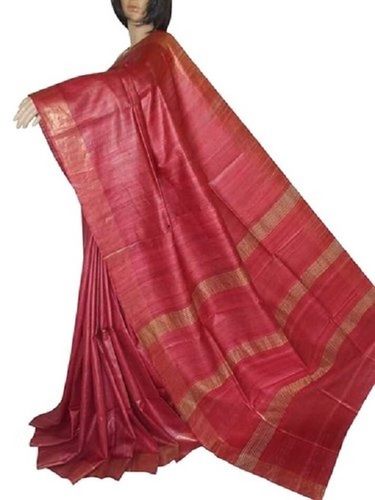 Winter Red Wedding Wear Skin Friendly Ladies Plain Pure Ghicha Tussar Silk Saree With Blouse Piece