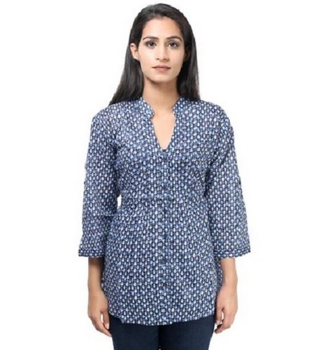 Casual Wear 3/4th Sleeve Printed Cotton Long Top For Ladies