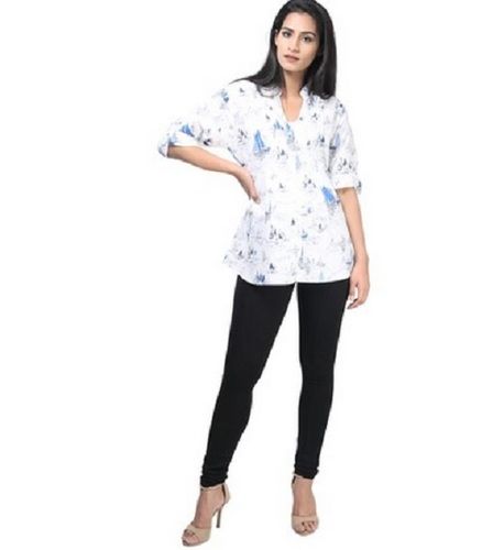 Casual Wear White Printed V Neck 3/4th Sleeve Cotton Long Top For Ladies