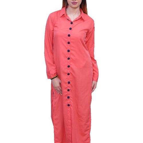 क्विक ड्राई सैल्मन कलर कैज़ुअल वियर लेडीज़ कॉलर-नेक फुल स्लीवलेस प्लेन कॉटन लॉन्ग कुर्ती