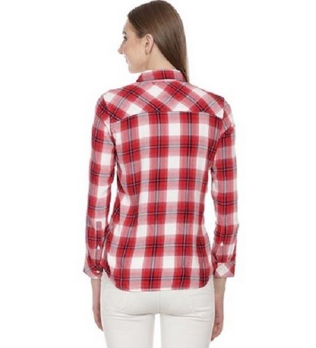 Designer Red And White Thick Cotton Regular Wear Collar Neck Full Sleeve Checks Shirt For Ladies