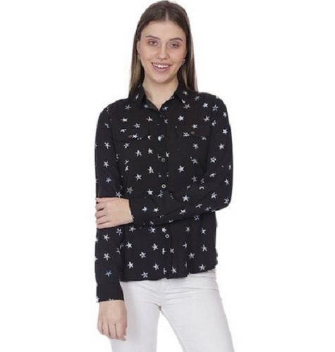 Whire Full Sleeve Casual Wear Printed Rayon Shirt For Ladies