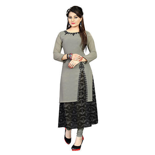Gray And Black Party Wear Round-Neck Full Sleeves Ladies Designer Cotton Long Kurti