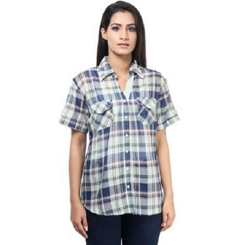 Half Sleeve Checks Casual Wear Cotton Shirt For Ladies