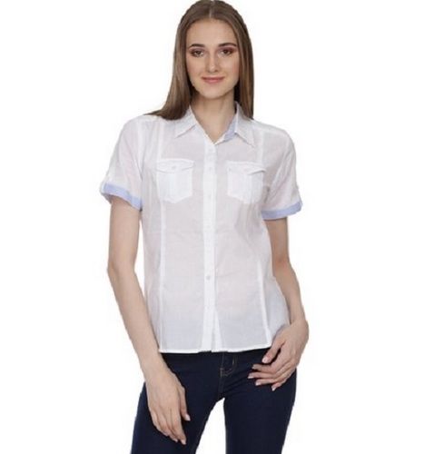 Plain Slim Fit Cotton Sky Blue Border Cargo Wear Shirt For Ladies