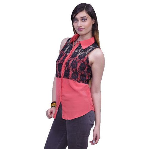 समर सैल्मन और ब्लैक लेडीज़ कॉलर-नेकलाइन बटन के साथ स्लीवलेस कैज़ुअल प्लेन टॉप