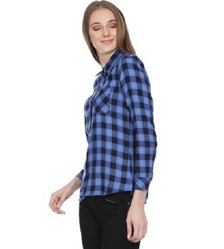 Thick Cotton Formal Wear Full Sleeve Collar Neck Checked Shirt For Ladies