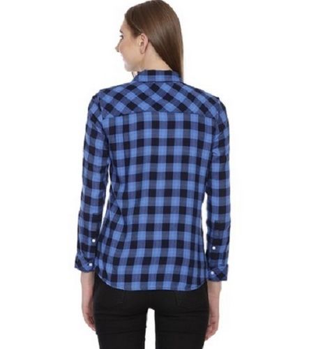 Thick Cotton Office Wear Full Sleeve Collar Neck Checked Shirt For Ladies