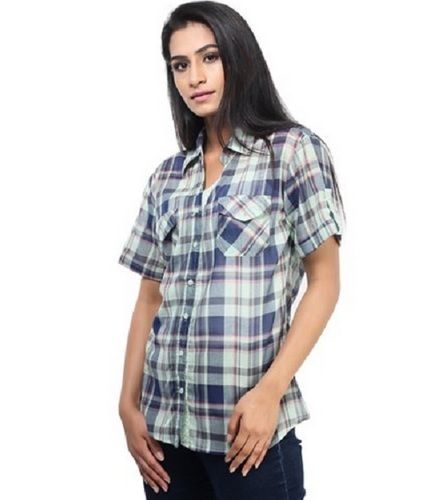 White And Blue Half Sleeve Checks Casual Wear Cotton Shirt For Ladies