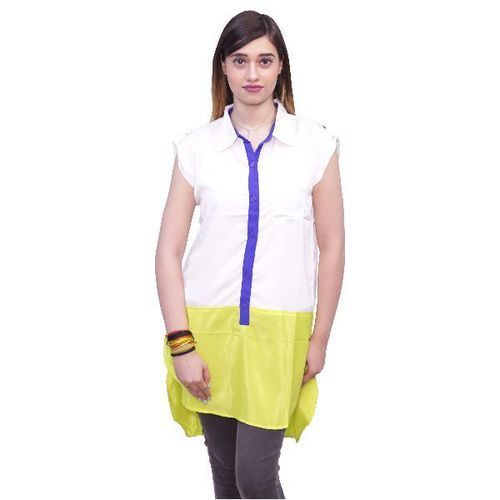 White And Yellow Ladies Collar-neck Sleeveless Plain Cotton Georgette Short Kurti