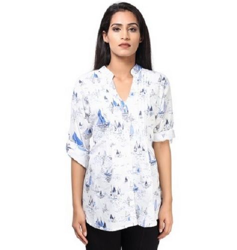 White V Neck Casual Wear 3/4th Sleeve Printed Cotton Comfortable Long Top For Ladies