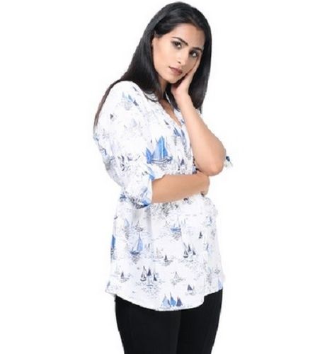 White V Neck Casual Wear 3/4th Sleeve Printed Cotton Long Top For Ladies
