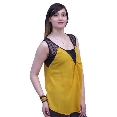 Yellow And Black Regular Fit Casual Wear Ladies Scoop-Neckline Sleeveless Plain Top
