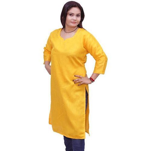 Yellow Casual Wear Ladies Sweet Heart-Neck 3/4th Sleeves Plain Cotton Long Kurti