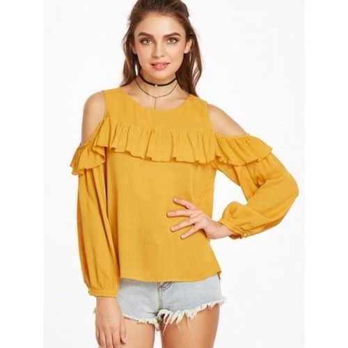 Summer Yellow Regular Fit Casual Wear Ladies Round-Neck With Cold Shoulder Plain Top