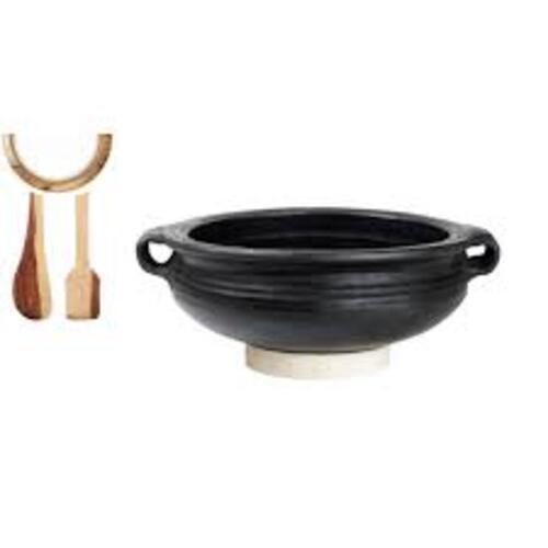 Deep Burned Clay Handi/Pot With Handle For Cooking And Serving 4 Liter Black