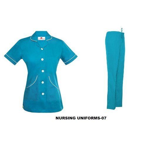 Plain Blue Half Sleeves Medical Nurse Uniform With Cotton Material And Neck Collar