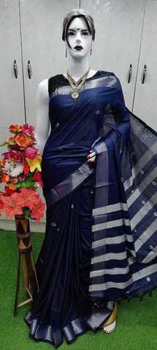 Cotton Silk Pure Crepe Blue Party Wear Fancy Designer Saree