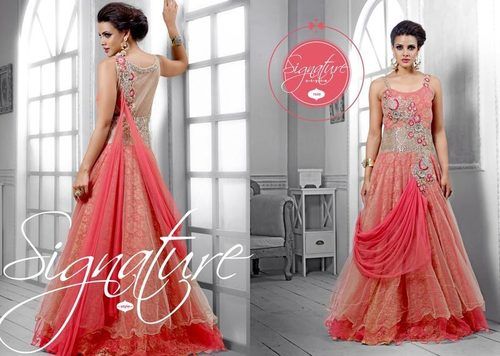 Indian Salmon Pink Party Wear Ladies Straight-Neckline Sleeveless Embroidered Anarkali Long Gown