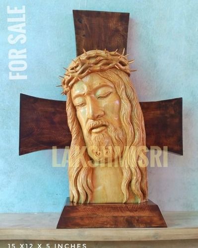 3 Foot Eco Friendly Handcrafted Wooden Brown Cross With Cream Colour Jesus Statue