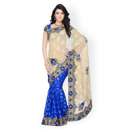Beige And Blue Party Wear Skin Friendly Ladies Printed Saree With Blouse Piece