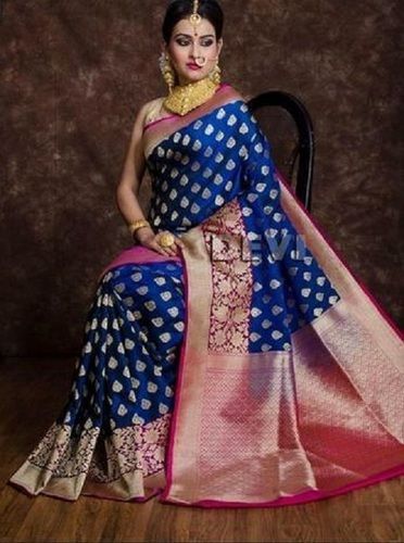 Spring Blue And Pink Festive Wear Skin Friendly Ladies Printed Banarasi Silk Saree With Blouse Piece