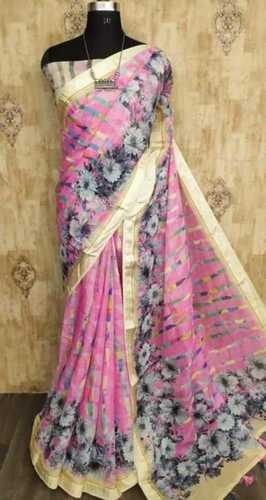 Ladies Indian Party Daily Wear Floral Print Linen Sarees