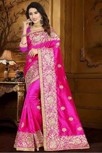 Winter Pink Wedding Wear Skin Friendly Ladies Embroidered Saree With Blouse Piece