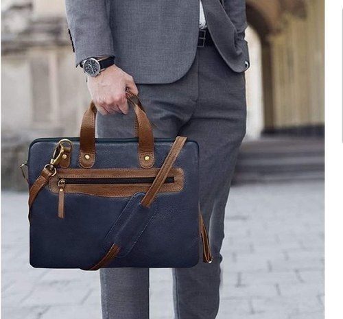 Plain Design, Brown And Blue Color Leather Laptop Messenger Bag With Zipper Closure Style