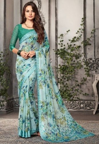 Spring Seafoam Green Casual Wear Skin Friendly Ladies Printed Chiffon Saree With Blouse Piece