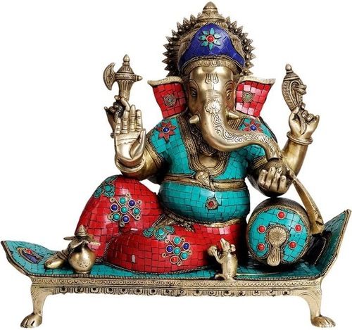 Brass Sitting Lord Ganesha Turquoise Work Statue - Height: 16 Inch (In)