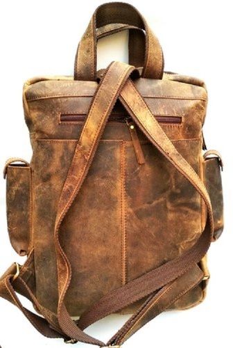 Plain Design And Brown Color Genuine Leather Backpack With Fabric Lining And Zipper Closure Gender: Men