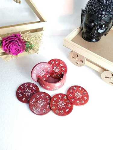 Round Shape Marble Soapstone Red Coaster Set