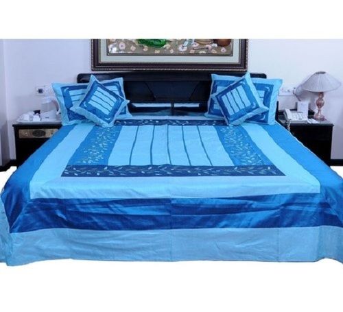 Blue Printed Silk Double Bed Covers With Four Silk Pillow Covers, 90x108 Inch