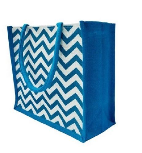 Teal Blue Jute Shopping Bag With Zig Zag Printed For Shopping Bag, Office Lunch Bag, Grocery Shopping Bag, Jute Carry Bag