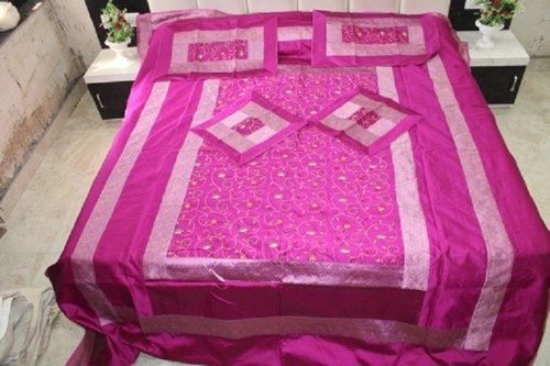 Pink Embroidery Work Silk Double Bed Covers With Four Silk Pillow Covers, 90x108 Inch